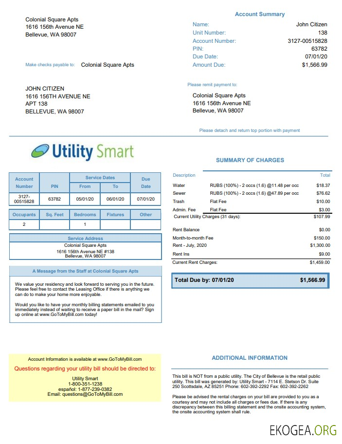USA Arizona Utility Smart utility bill template in Word and PDF format (.doc and .pdf)